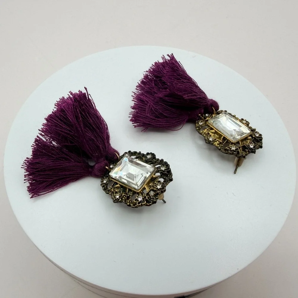 Vintage Y2K Gold Tone Purple Tassel Emerald Cut Earrings Women's Classic Jewelry
